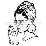 Afro Beautiful Young Girl Praying Turban Glasses Bamboo Hoop Earrings Style B/W SVG JPG PNG Vector Clipart Cricut Silhouette Cut Cutting