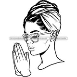 Afro Beautiful Young Girl Praying God Holy Spirit Turban Glasses Style B/W SVG JPG PNG Vector Clipart Cricut Silhouette Cut Cutting