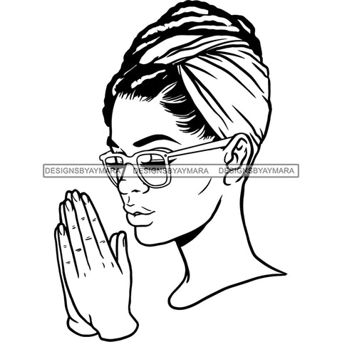 Afro Beautiful Young Girl Praying God Holy Spirit Turban Glasses Style B/W SVG JPG PNG Vector Clipart Cricut Silhouette Cut Cutting