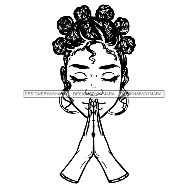 Afro Beautiful Woman Praying Holy Spirit Faith Bantu Knots Hairstyle B/W SVG JPG PNG Vector Clipart Cricut Silhouette Cut Cutting