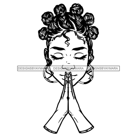 Afro Beautiful Woman Praying Holy Spirit Faith Bantu Knots Hairstyle B/W SVG JPG PNG Vector Clipart Cricut Silhouette Cut Cutting