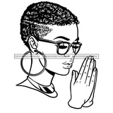 Afro Beautiful Young Girl Praying Glasses Bamboo Hoop Earrings Short Hairstyle B/W SVG JPG PNG Vector Clipart Cricut Silhouette Cut Cutting