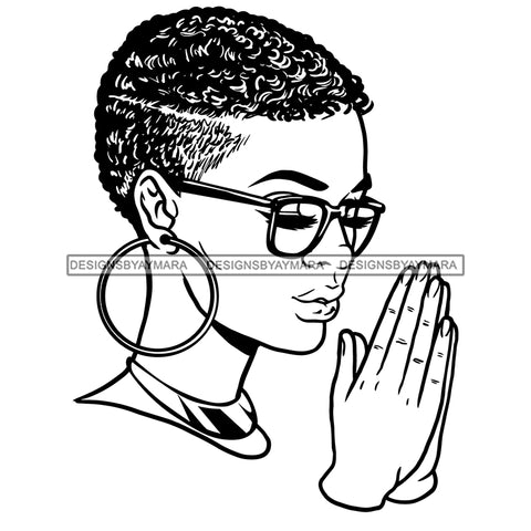 Afro Beautiful Young Girl Praying Glasses Bamboo Hoop Earrings Short Hairstyle B/W SVG JPG PNG Vector Clipart Cricut Silhouette Cut Cutting