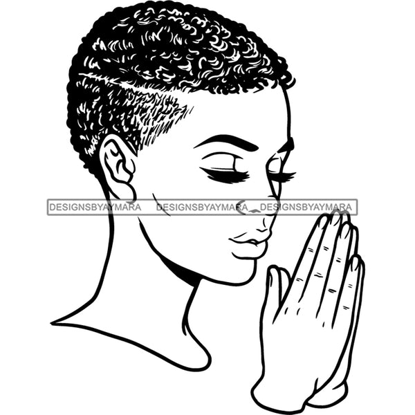 Afro Beautiful Young Girl Praying God Holy Spirit Short Hairstyle B/W SVG JPG PNG Vector Clipart Cricut Silhouette Cut Cutting