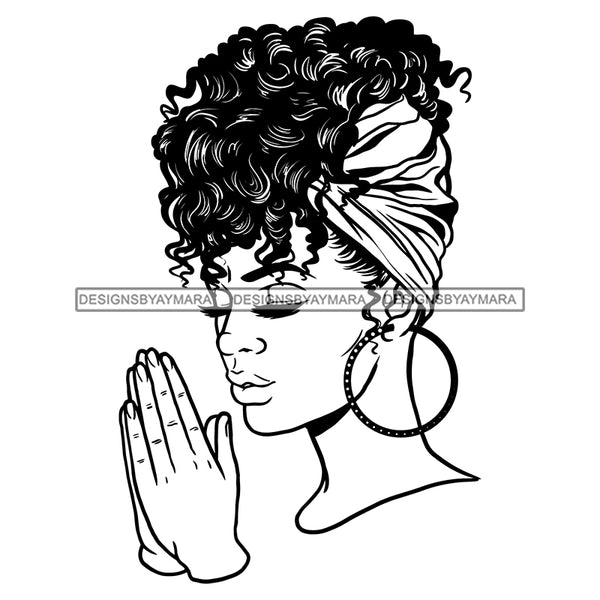 Afro Beautiful Young Girl Praying Bamboo Hoop Earrings Headband Style B/W SVG JPG PNG Vector Clipart Cricut Silhouette Cut Cutting