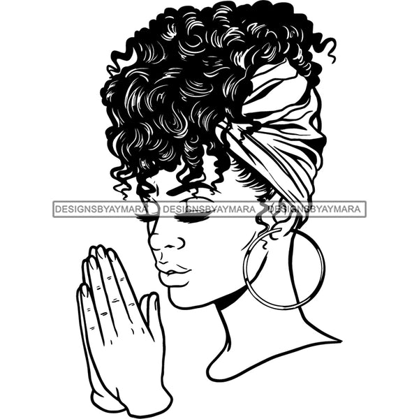 Afro Beautiful Young Girl Praying Bamboo Hoop Earrings Headband Curly Hairstyle B/W SVG JPG PNG Vector Clipart Cricut Silhouette Cut Cutting