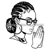 Afro Beautiful Young Girl Praying Glasses Hoop Earrings Cornrows Bun Hairstyle B/W SVG JPG PNG Vector Clipart Cricut Silhouette Cut Cutting
