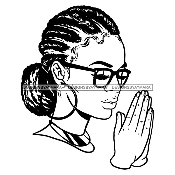 Afro Beautiful Young Girl Praying Glasses Hoop Earrings Cornrows Bun Hairstyle B/W SVG JPG PNG Vector Clipart Cricut Silhouette Cut Cutting