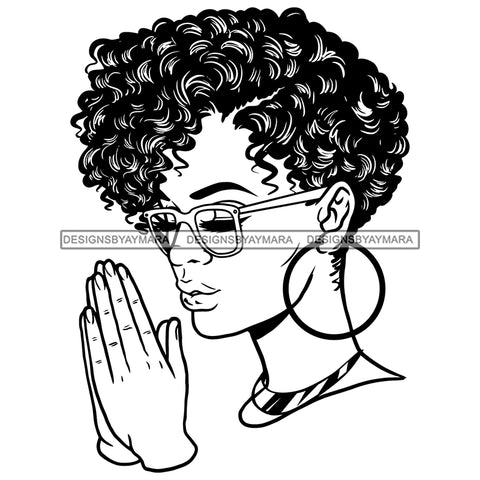 Afro Beautiful Young Girl Praying Glasses Hoop Earrings Short Curly Hairstyle B/W SVG JPG PNG Vector Clipart Cricut Silhouette Cut Cutting
