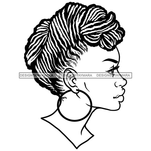 Beautiful Black Woman Half Face Bamboo Hoop Earrings Braids Dread Locs Hairstyle B/W SVG JPG PNG Vector Clipart Cricut Silhouette Cut Cutting