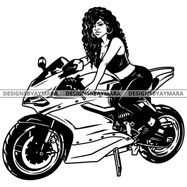 Sassy Diva On Motorcycle Fun Speed Freedom Transportation Long Curly Hairstyle B/W SVG JPG PNG Vector Clipart Cricut Silhouette Cut Cutting