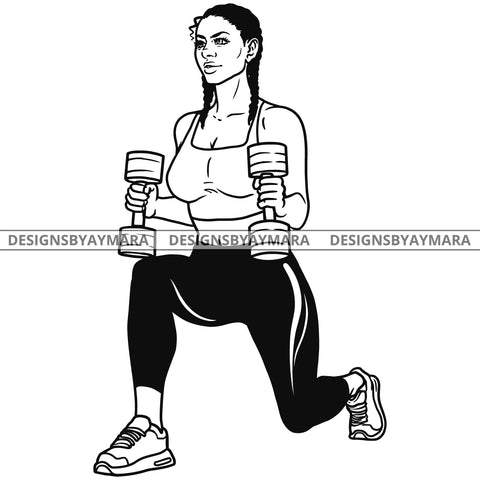 Afro Woman Fit Training Stretching Lunge Holding Weights Braided Hairstyle B/W SVG JPG PNG Vector Clipart Cricut Silhouette Cut Cutting