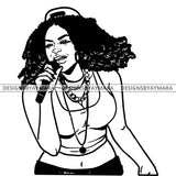 Black Pop Singer Singing Soul Heart Talent Professional Curly Hairstyle B/W SVG JPG PNG Vector Clipart Cricut Silhouette Cut Cutting