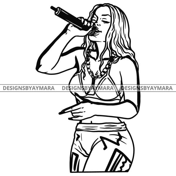 Black Sexy Singer Songstress Singing Soul Heart Talent Professional Wavy Hairstyle B/W SVG JPG PNG Vector Clipart Cricut Silhouette Cut Cutting