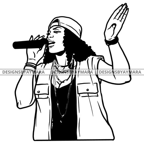 Black Rap Singer Songstress Professional Baseball Cap Backward Fashion Style B/W SVG JPG PNG Vector Clipart Cricut Silhouette Cut Cutting