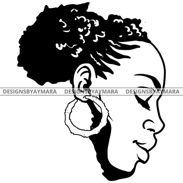 Africa Face Beautiful Afro Woman Continent Closing Eyes Earrings Updo Hairstyle B/W SVG JPG PNG Vector Clipart Cricut Silhouette Cut Cutting