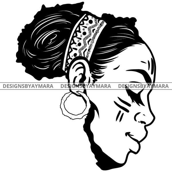 Africa Face Beautiful Afro Woman Paint Mark Face Earrings Headband Updo Hairstyle B/W SVG JPG PNG Vector Clipart Cricut Silhouette Cut Cutting
