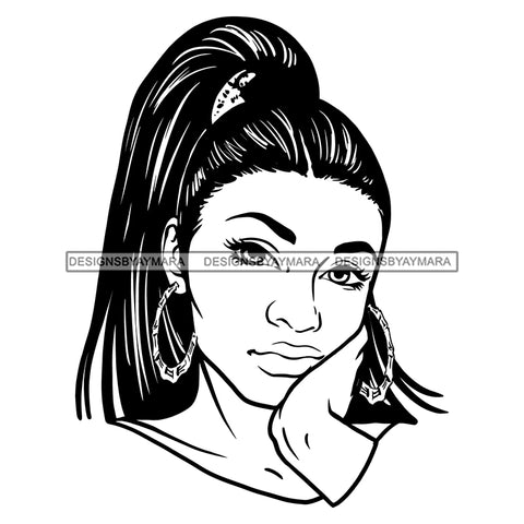 Beautiful Young Girl Sad Worried Facial Expression Hoop Earrings Ponytail Hairstyle B/W SVG JPG PNG Vector Clipart Cricut Silhouette Cut Cutting