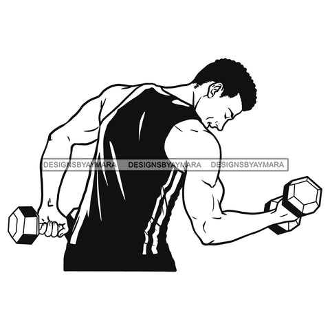 Afro Man Fit Training Exercise Strong Muscle Lifting Weights Short Hairstyle B/W SVG JPG PNG Vector Clipart Cricut Silhouette Cut Cutting