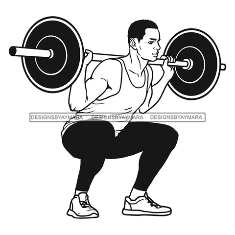 Afro Man Fit Training Exercise Strong Muscle Lifting Heavy Weights Short Hairstyle B/W SVG JPG PNG Vector Clipart Cricut Silhouette Cut Cutting
