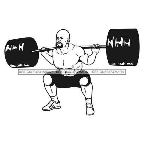 Afro Man Fit Training Strong Muscle Lifting Heavy Weights Beard Bald Hairstyle B/W SVG JPG PNG Vector Clipart Cricut Silhouette Cut Cutting