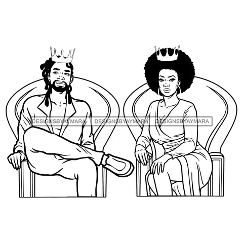 King Queen Sitting On Thrones Posing Photo Crowns Confident Sexy Couple B/W SVG JPG PNG Vector Clipart Cricut Silhouette Cut Cutting