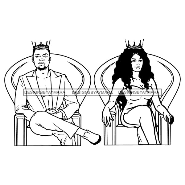 King Queen Sitting On Thrones Posing Photo Crowns Fashionable Sexy Couple B/W SVG JPG PNG Vector Clipart Cricut Silhouette Cut Cutting