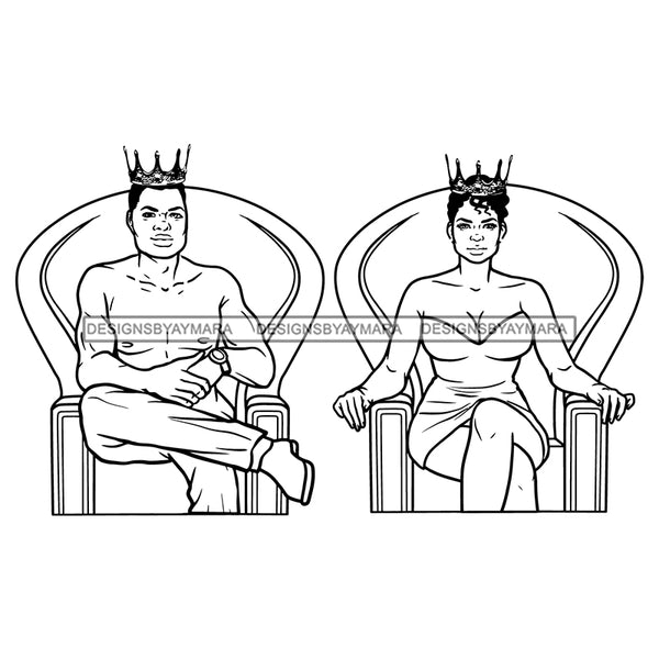 King Queen Sitting On Thrones Posing Photo Crowns Cute Sexy Couple B/W SVG JPG PNG Vector Clipart Cricut Silhouette Cut Cutting