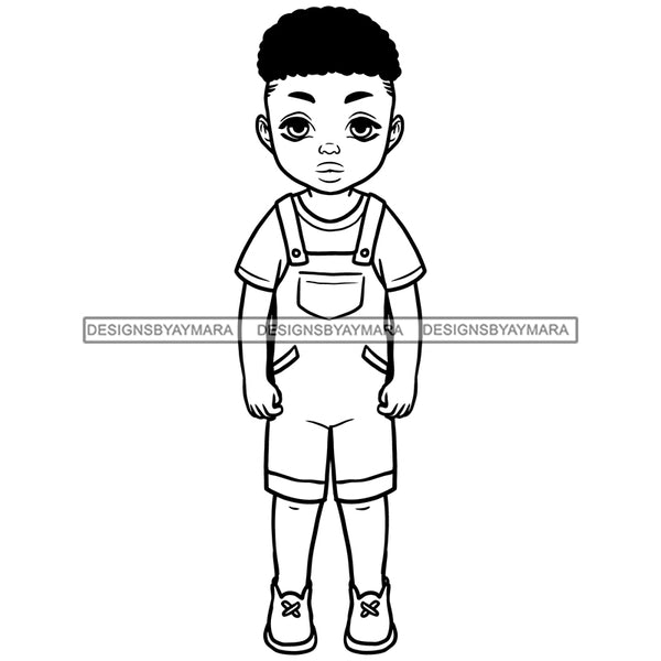 Cute Little Black Boy Student School Overall Clothes Fade Afro Hairstyle B/W SVG JPG PNG Vector Clipart Cricut Silhouette Cut Cutting