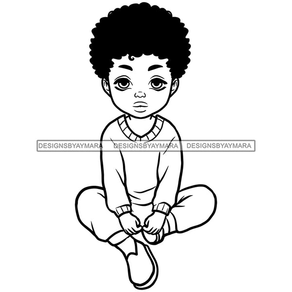 Cute Little Black Boy Sitting Floor Pajamas Clothes Puffy Afro Hairstyle B/W SVG JPG PNG Vector Clipart Cricut Silhouette Cut Cutting