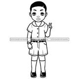 Cute Little Black Boy Student School Uniform Clothes Short Hairstyle B/W SVG JPG PNG Vector Clipart Cricut Silhouette Cut Cutting