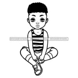 Cute Little Black Boy Student School Striped Tank Top Clothes Fade Afro Hairstyle B/W SVG JPG PNG Vector Clipart Cricut Silhouette Cut Cutting