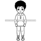 Cute Little Black Boy Student School Joggers Set Clothes Puffy Afro Hairstyle B/W SVG JPG PNG Vector Clipart Cricut Silhouette Cut Cutting