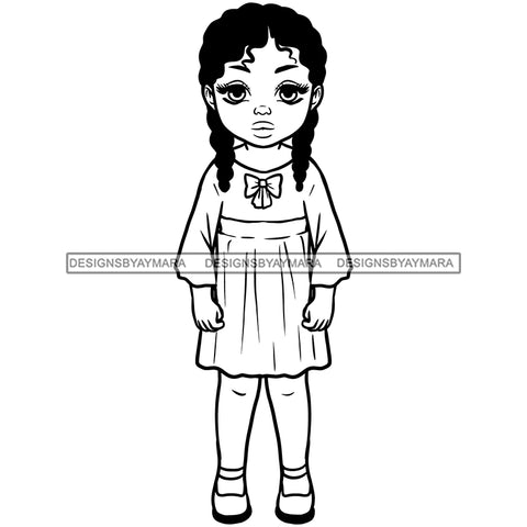 Cute Little Black Girl Student School Dress Clothes Braided Hairstyle B/W SVG JPG PNG Vector Clipart Cricut Silhouette Cut Cutting