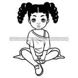 Cute Little Black Girl Student School Sitting Floor Dress Clothes Pigtails Hairstyle B/W SVG JPG PNG Vector Clipart Cricut Silhouette Cut Cutting