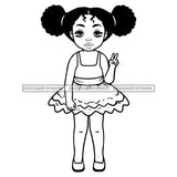 Cute Little Black Girl Student School Dress Clothes Puffy Afro Pigtails Hairstyle B/W SVG JPG PNG Vector Clipart Cricut Silhouette Cut Cutting