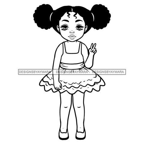 Cute Little Black Girl Student School Dress Clothes Puffy Afro Pigtails Hairstyle B/W SVG JPG PNG Vector Clipart Cricut Silhouette Cut Cutting