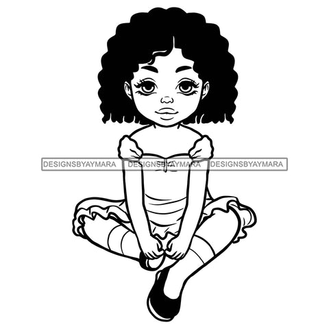 Cute Little Black Girl Student School Sitting Floor Dress Clothes Curly Hairstyle B/W SVG JPG PNG Vector Clipart Cricut Silhouette Cut Cutting