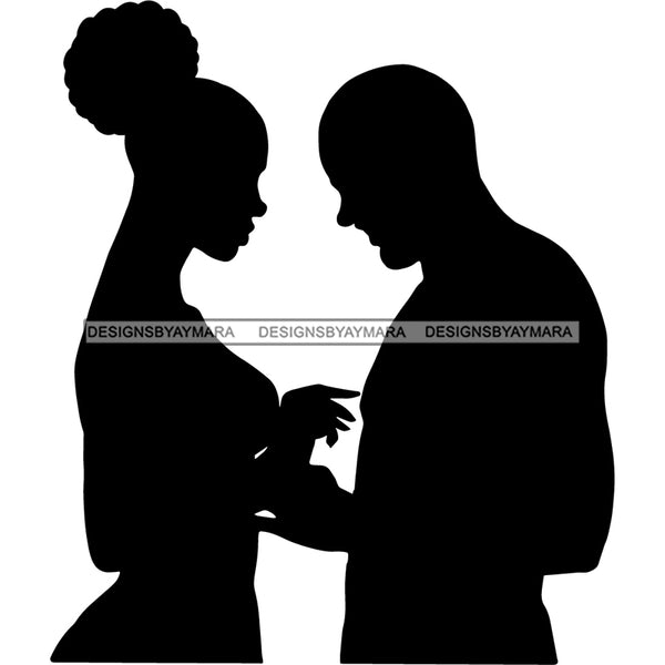 Couple Silhouette Lovers Soulmates True Love Man Woman Puffy Bun Hairstyle B/W SVG JPG PNG Vector Clipart Cricut Silhouette Cut Cutting