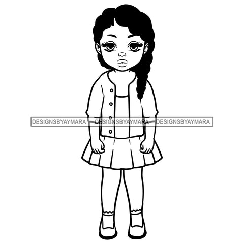 Cute Little Black Girl Student School Skirt Jacket Outfit Braided Hairstyle B/W SVG JPG PNG Vector Clipart Cricut Silhouette Cut Cutting