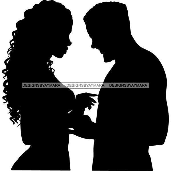 Couple Silhouette Lovers Soulmates True Love Man Woman Long Curly Hairstyle B/W SVG JPG PNG Vector Clipart Cricut Silhouette Cut Cutting