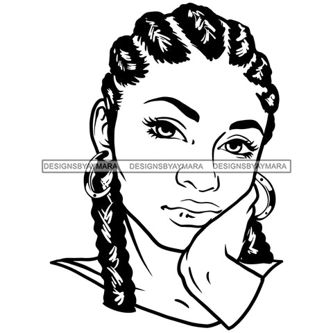 Beautiful Young Girl Sad Worried Facial Expression Hoop Earrings Braids Hairstyle B/W SVG JPG PNG Vector Clipart Cricut Silhouette Cut Cutting