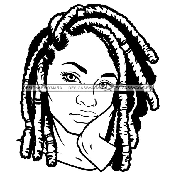 Beautiful Young Girl Sad Worried Facial Expression Dreadlock Hairstyle B/W SVG JPG PNG Vector Clipart Cricut Silhouette Cut Cutting