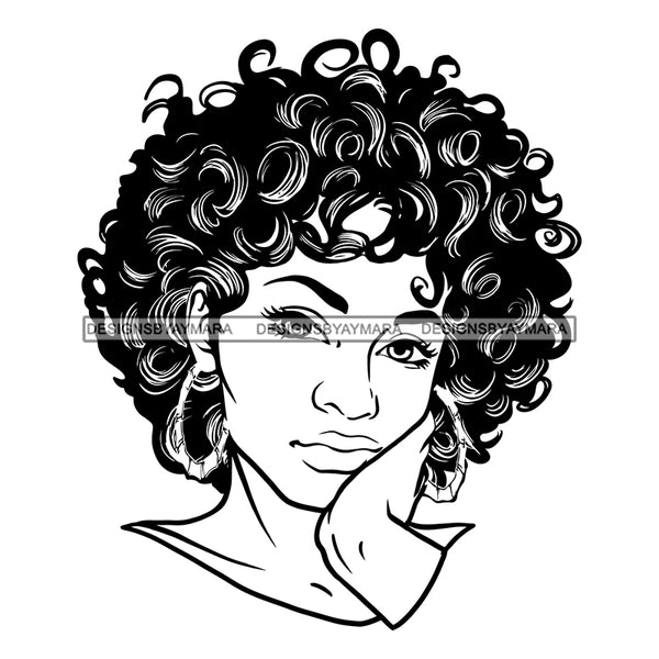 Beautiful Young Girl Sad Worried Facial Expression Bamboo Earrings Curly Hairstyle B/W SVG JPG PNG Vector Clipart Cricut Silhouette Cut Cutting