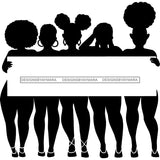 Group Of Black Sexy Women Silhouettes Holding Banner Sign Logo Business Advertising Melanin B/W SVG JPG PNG Vector Clipart Cricut Silhouette Cut Cutting