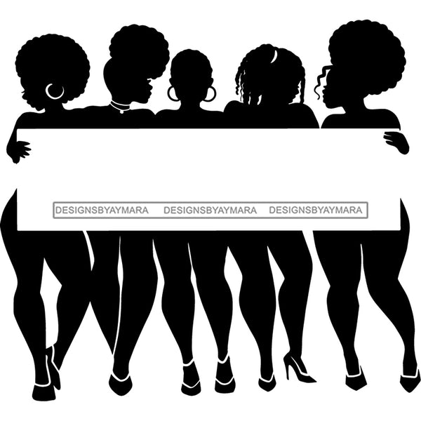 Group Of Black Sexy Women Silhouettes Plus Size Holding Banner Sign Logo Business Advertising Melanin B/W SVG JPG PNG Vector Clipart Cricut Silhouette Cut Cutting