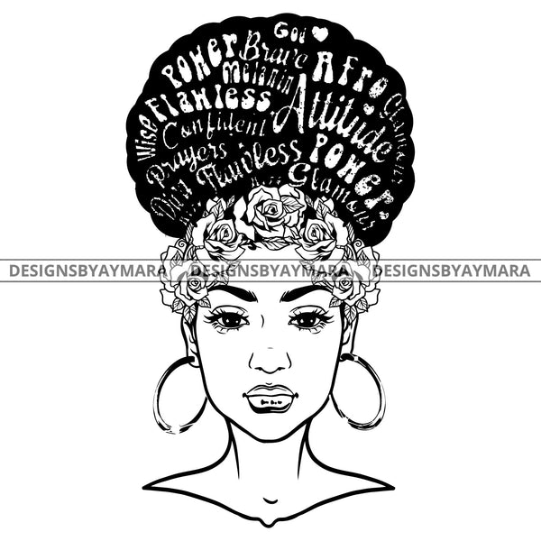 Black Woman Full Face Hair Quotes Roses Forehead Bamboo Hoop Earrings B/W SVG JPG PNG Vector Clipart Cricut Silhouette Cut Cutting