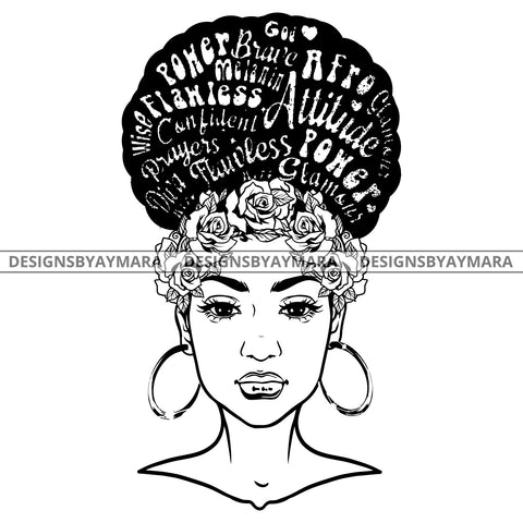 Black Woman Full Face Hair Quotes Roses Forehead Bamboo Hoop Earrings B/W SVG JPG PNG Vector Clipart Cricut Silhouette Cut Cutting