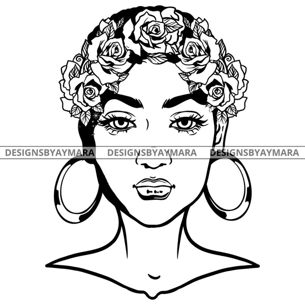 Black Woman Full Face Roses Forehead Bamboo Hoop Earrings B/W SVG JPG PNG Vector Clipart Cricut Silhouette Cut Cutting