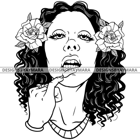 Afro Girl Babe Flowers Kissable Sexy Lips Wavy Hairstyle B/W SVG JPG PNG Vector Clipart Cricut Silhouette Cut Cutting